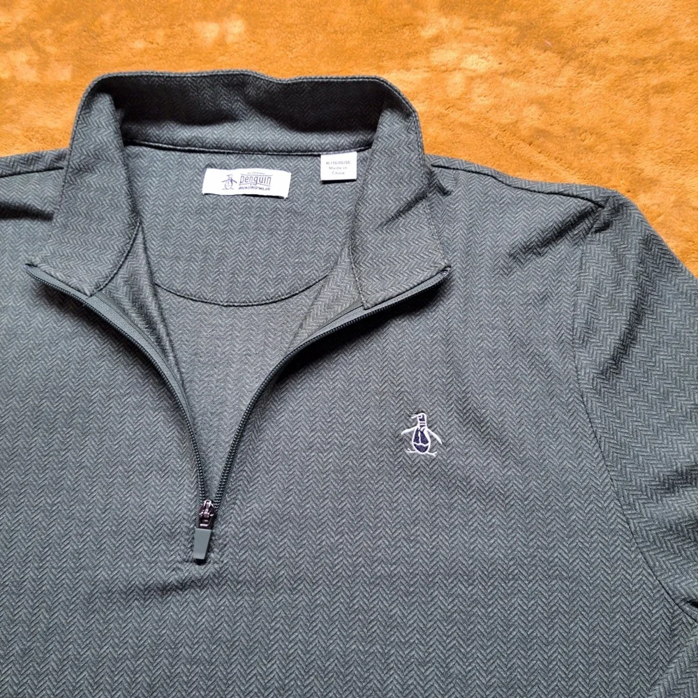 Original Penguin Pullover Men XL Teal Excellent Herringbone Quarter Zip Logo